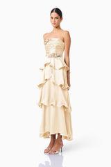 Poselia Tiered Maxi Dress in Antique White with strapless neckline & 3D Floral trim side shot