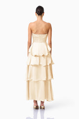 Poselia Tiered Maxi Dress in Antique White with back zipper & 3D Floral trim back shot