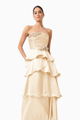 Poselia Tiered Maxi Dress in Antique White with strapless neckline & 3D Floral trim close up shot