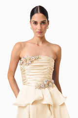 Poselia Tiered Maxi Dress in Antique White with strapless neckline & 3D Floral trim close up shot