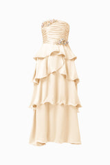 Poselia Tiered Maxi Dress in Antique White with strapless neckline & 3D Floral trim ghost shot