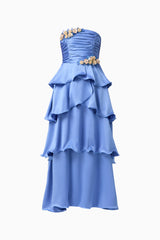 Poselia Tiered Maxi Dress in Slate Blue with strapless neckline & 3D floral trim ghost shot