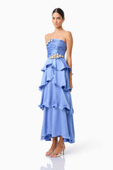 Poselia Tiered Maxi Dress in Slate Blue with strapless neckline & 3D floral trim side shot