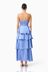 Poselia Tiered Maxi Dress in Slate Blue with strapless neckline & 3D floral trim back shot