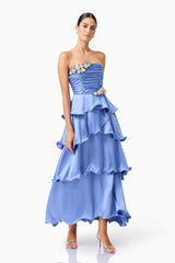 Poselia Tiered Maxi Dress in Slate Blue with strapless neckline & 3D floral trim posed shot