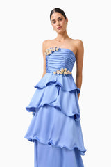 Poselia Tiered Maxi Dress in Slate Blue with strapless neckline & 3D floral trim close up shot