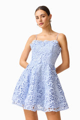 Magnella Fit & Flare Mini Dress in Ice Blue with lace fabrication & strapless neckline close up shot