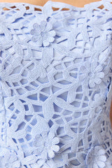Magnella Fit & Flare Mini Dress in Ice Blue with lace fabrication & strapless neckline detail shot