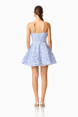 Magnella Fit & Flare Mini Dress in Ice Blue with lace fabrication & strapless neckline back shot