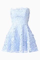 Magnella Fit & Flare Mini Dress in Ice Blue with lace fabrication & strapless neckline ghost shot