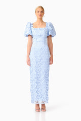Mangnella Puff Sleeve Maxi Dress in Ice Blue with Short Puff Sleeves & lace fabrication front shot
