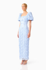 Mangnella Puff Sleeve Maxi Dress in Ice Blue with Short Puff Sleeves & lace fabrication side shot