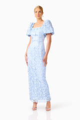 Mangnella Puff Sleeve Maxi Dress in Ice Blue with Short Puff Sleeves & lace fabrication side posed shot