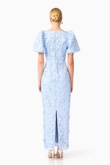 Mangnella Puff Sleeve Maxi Dress in Ice Blue with back zipper & lback slit shot