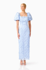 Mangnella Puff Sleeve Maxi Dress in Ice Blue with Short Puff Sleeves & lace fabrication psoed shot