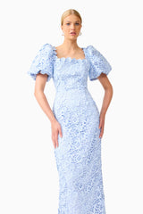 Mangnella Puff Sleeve Maxi Dress in Ice Blue with Short Puff Sleeves & lace fabrication close up shot