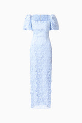 Mangnella Puff Sleeve Maxi Dress in Ice Blue with Short Puff Sleeves & lace fabrication ghost shot