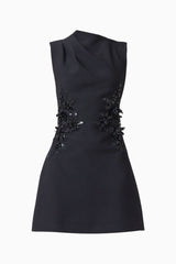 Zinelle A-Line Mini Dress in Black with asymmetrical neckline ghost shot