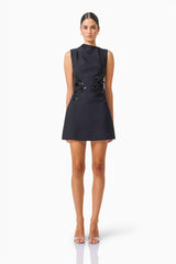 Zinelle A-Line Mini Dress in Black with asymmetrical neckline front shot