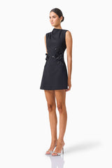 Zinelle A-Line Mini Dress in Black with asymmetrical neckline side shot