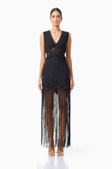 Zinelle Fringe Maxi Dress in Black with Lace Panel Detailing front shot