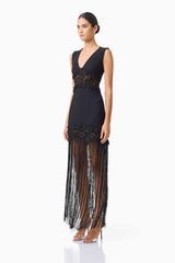 Zinelle Fringe Maxi Dress in Black with Lace Panel Detailing side shot