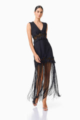 Zinelle Fringe Maxi Dress in Black with Lace Panel Detailing posed shot