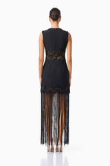 Zinelle Fringe Maxi Dress in Black with Lace Panel Detailing back shot