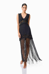 Zinelle Fringe Maxi Dress in Black with Lace Panel Detailing front posed shot