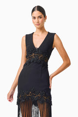 Zinelle Fringe Maxi Dress in Black with Lace Panel Detailing close up shot