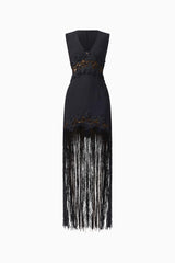 Zinelle Fringe Maxi Dress in Black with Lace Panel Detailing ghost shot