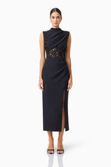 Zinelle Midi Dress in Black with Draped tuck and lace waist panel front shot