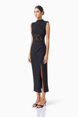 Zinelle Midi Dress in Black with Draped tuck and lace waist panel side shot