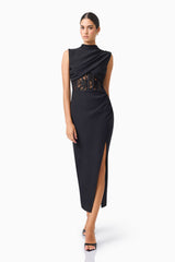 Zinelle Midi Dress in Black with Draped tuck and lace waist panel posed shot