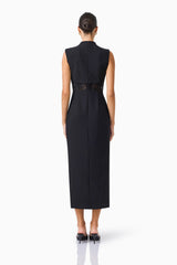 Zinelle Midi Dress in Black with Draped tuck and lace waist panel back shot