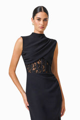 Zinelle Midi Dress in Black with Draped tuck and lace waist panel close up shot