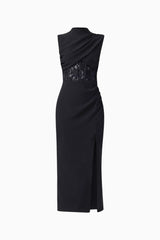 Zinelle Midi Dress in Black with Draped tuck and lace waist panel ghost shot