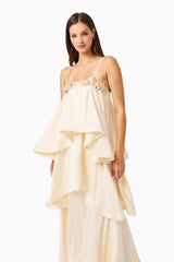 Poselia Tiered Gown Dress in Antique White close up shot