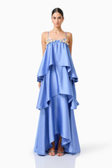 Poselia Tiered Gown Dress in Slate Blue with square neckline & 3D floral trim front shot 
