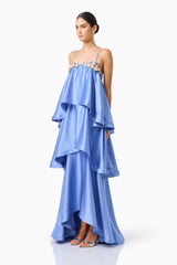 Poselia Tiered Gown Dress in Slate Blue with square neckline & 3D floral trim side shot 