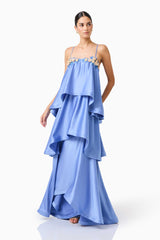 Poselia Tiered Gown Dress in Slate Blue with square neckline & 3D floral trim posed shot 