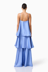 Poselia Tiered Gown Dress in Slate Blue with back zipper & 3D floral trim back shot 