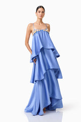 Poselia Tiered Gown Dress in Slate Blue with square neckline & 3D floral trim posed shot 