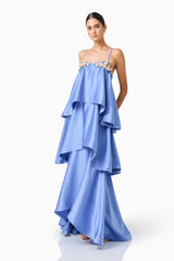 Poselia Tiered Gown Dress in Slate Blue with square neckline & 3D floral trim posed front shot 