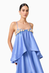 Poselia Tiered Gown Dress in Slate Blue with square neckline & 3D floral trim close up shot 