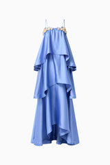 Poselia Tiered Gown Dress in Slate Blue with square neckline & 3D floral trim ghost shot 
