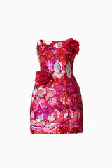 Solara Embellished Mini Dress in Red & Pink with sequin fabrication & strapless neckline ghost shot