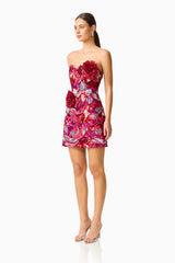 Solara Embellished Mini Dress in Red & Pink with sequin fabrication & strapless neckline side shot