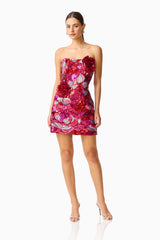 Solara Embellished Mini Dress in Red & Pink with sequin fabrication & strapless neckline posed shot