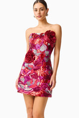 Solara Embellished Mini Dress in Red & Pink with sequin fabrication & strapless neckline close up shot